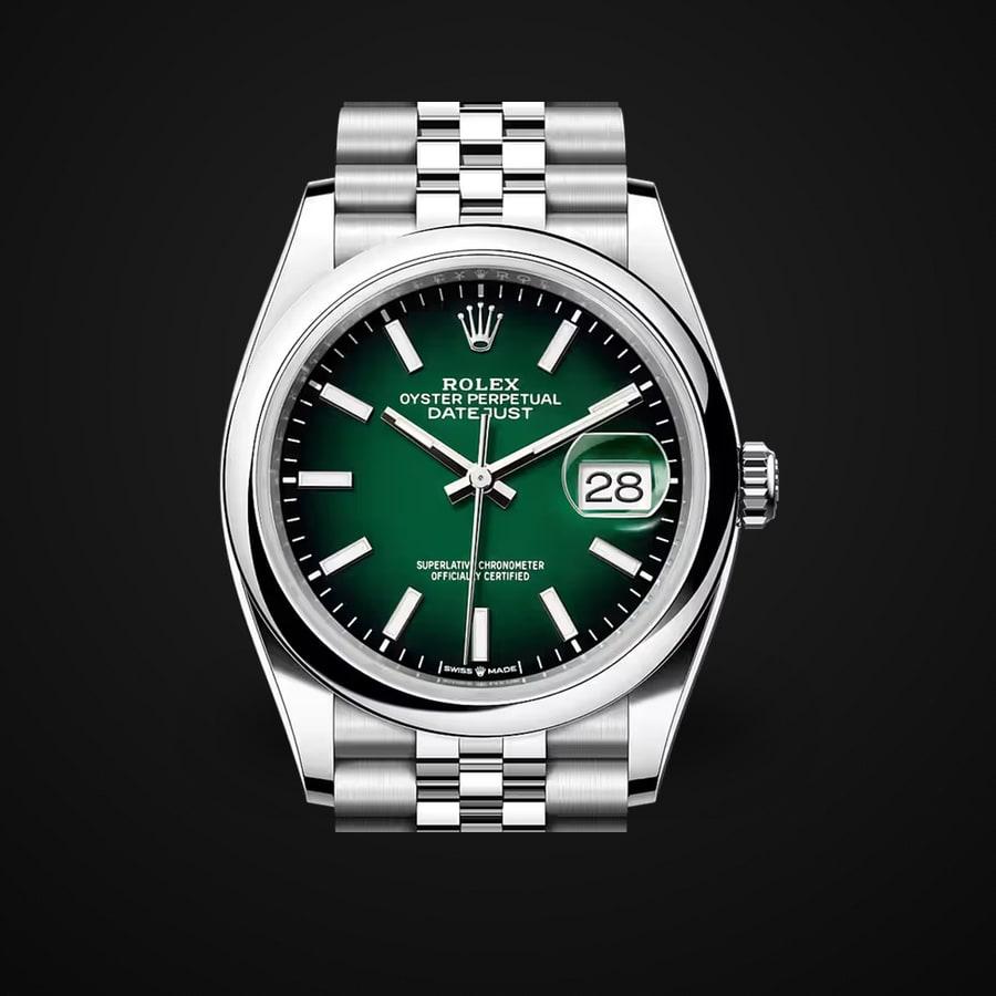 Datejust 36 126234 — 904L Steel VSF 1:1 Best Edition · Green Ombré Stick Dial · Fluted Bezel · Jubilee · DD3235