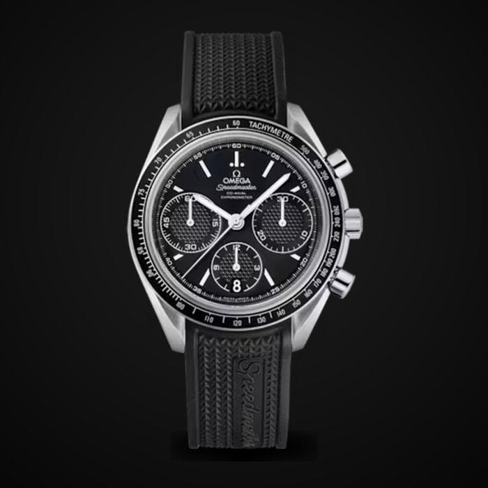 Speedmaster Racing 40mm — Solid 316L steel · Black dial with black subdials · Tachymeter bezel · A7750 chrono