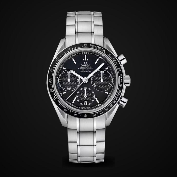 Speedmaster Racing 40mm — Solid 316L steel bracelet · Black dial with black subdials · Tachymeter bezel · A7750 chrono