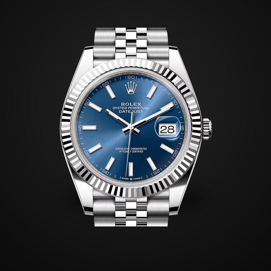 Datejust 41 126334 — 904L Steel VSF V2 1:1 Best Edition · Blue Textured Stick Dial · Fluted Bezel · Jubilee · DD3235