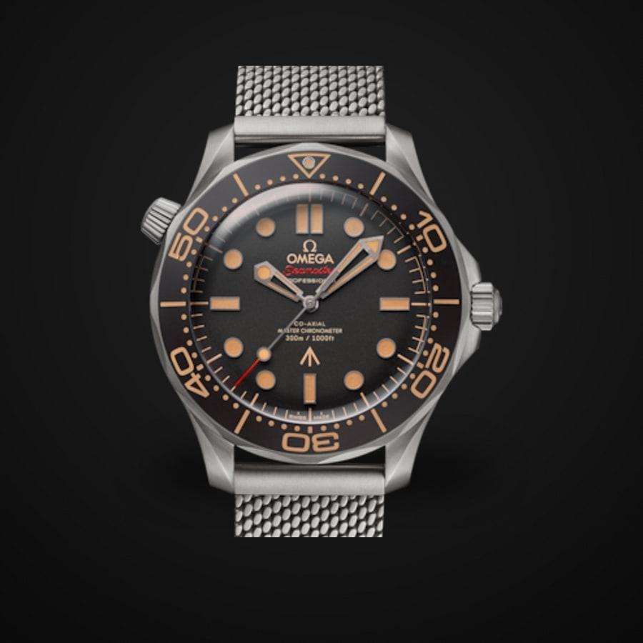 Omega Seamaster 300 „No Time to Die“ — Titan VSF V7 1:1 Best Edition · Vintage-schwarzes Zifferblatt · Mesh-Band · SA8806