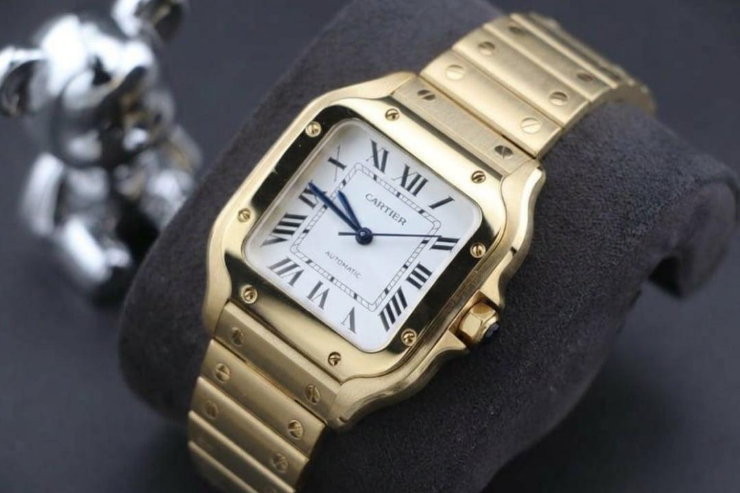 Santos de Cartier Medium 35mm — BVF-Build · 18k-Gelbgold vergoldet · Weißes Zifferblatt mit römischen Ziffern · Goldarmband + Lederband · Miyota 9015 — thumbnail 2