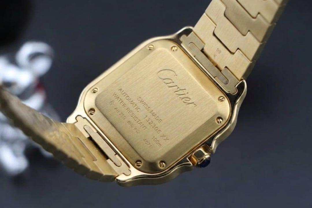 Santos de Cartier Medium 35mm — BVF-Build · 18k-Gelbgold vergoldet · Weißes Zifferblatt mit römischen Ziffern · Goldarmband + Lederband · Miyota 9015 — thumbnail 4