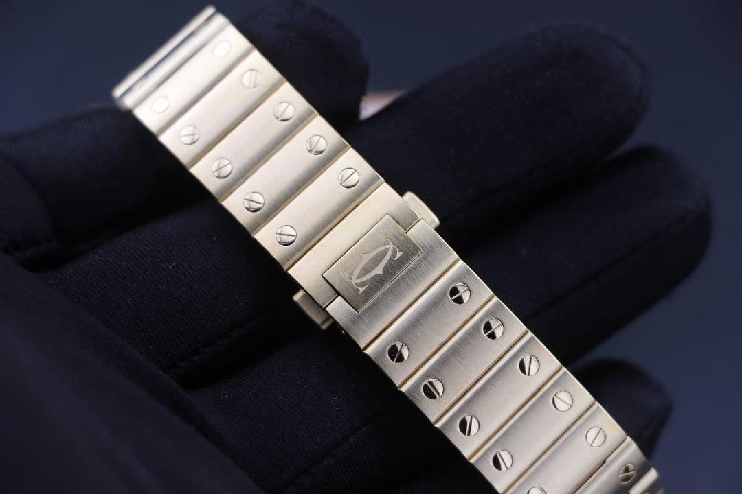 Santos de Cartier Medium 35mm — BVF-Build · 18k-Gelbgold vergoldet · Weißes Zifferblatt mit römischen Ziffern · Goldarmband + Lederband · Miyota 9015 — thumbnail 5