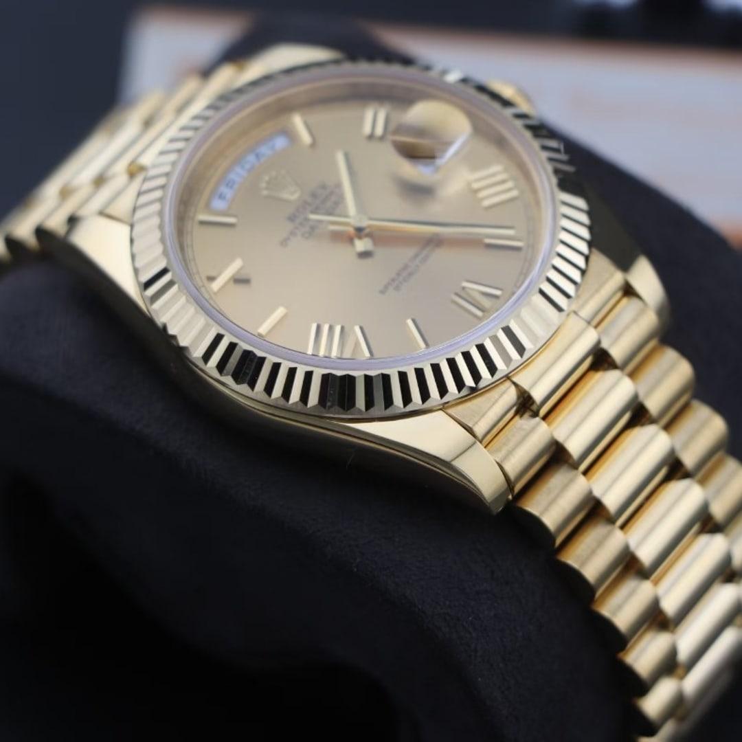 Day-Date 40 228238 — VSF Weighted YG Build V2 · Champagne Roman Dial · Solid 18k Gold CNC Fluted Bezel · President — thumbnail 2